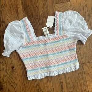 Free the Roses White and Multicolor Smocked top large $59 NWT